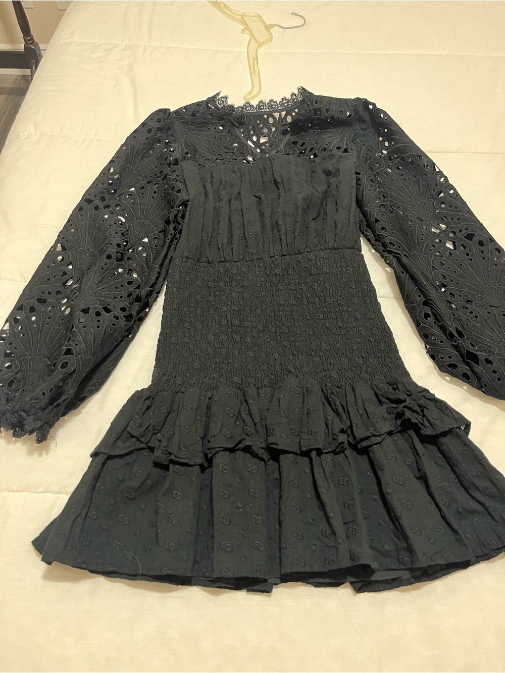 Aqua Black Eyelet Smocked Mini Dress